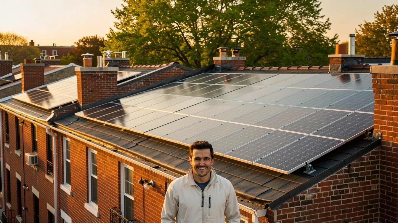 Solar panels installed on a DC row house roof with Capitol Hill neighborhood rooftops visible in the background