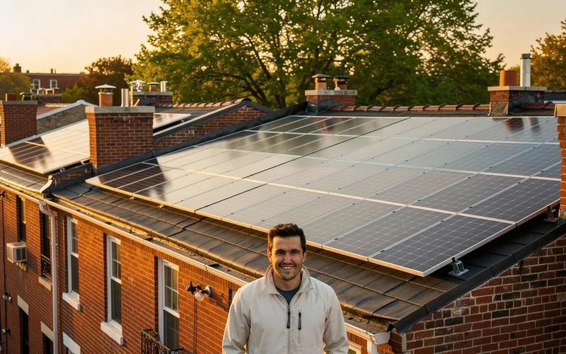 Solar panels installed on a DC row house roof with Capitol Hill neighborhood rooftops visible in the background
