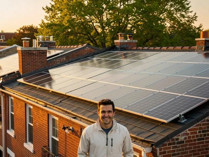 Solar panels installed on a DC row house roof with Capitol Hill neighborhood rooftops visible in the background