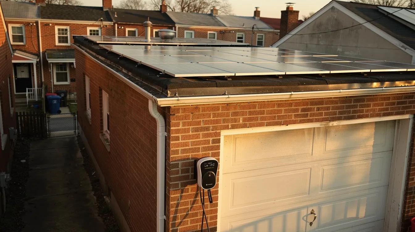 Solar panels on a DC rowhouse roof with an EV charger visible in the rear alley, supporting honda home electrification