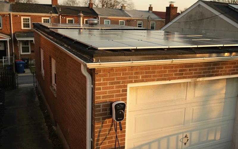 Solar panels on a DC rowhouse roof with an EV charger visible in the rear alley, supporting honda home electrification