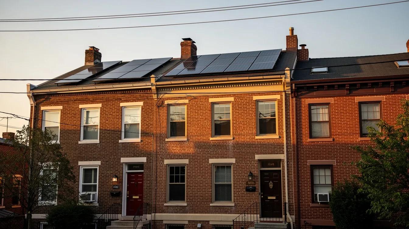DC rowhouse rooftop solar panels with Pepco utility infrastructure visible in the background
