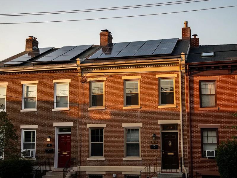 DC rowhouse rooftop solar panels with Pepco utility infrastructure visible in the background