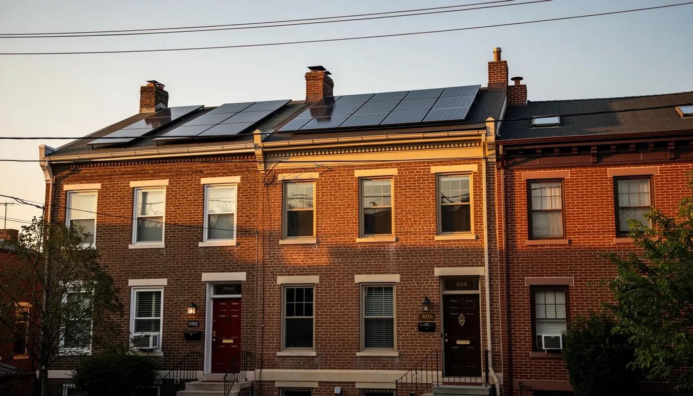 DC rowhouse rooftop solar panels with Pepco utility infrastructure visible in the background