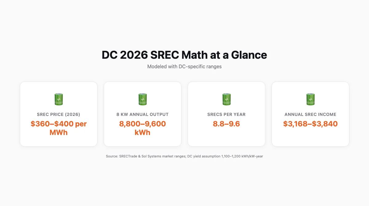 Cards-style graphic showing three headline numbers: DC SREC price range, typical DC annual production for 8 kW, and resulting annual SREC income range