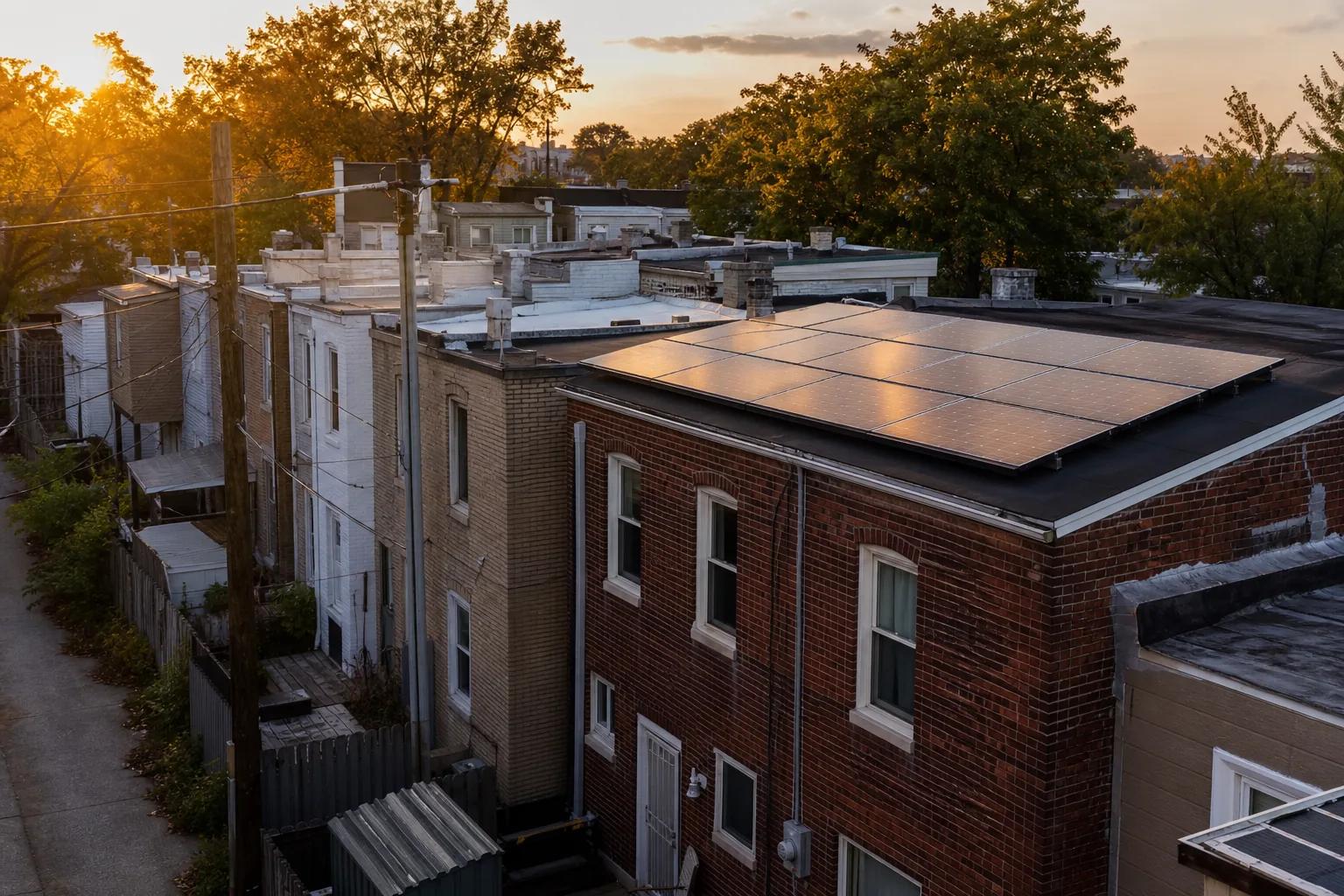 Washington DC rowhouse rooftops with solar panels, discussing cost of solar panels in Washington DC in 2026