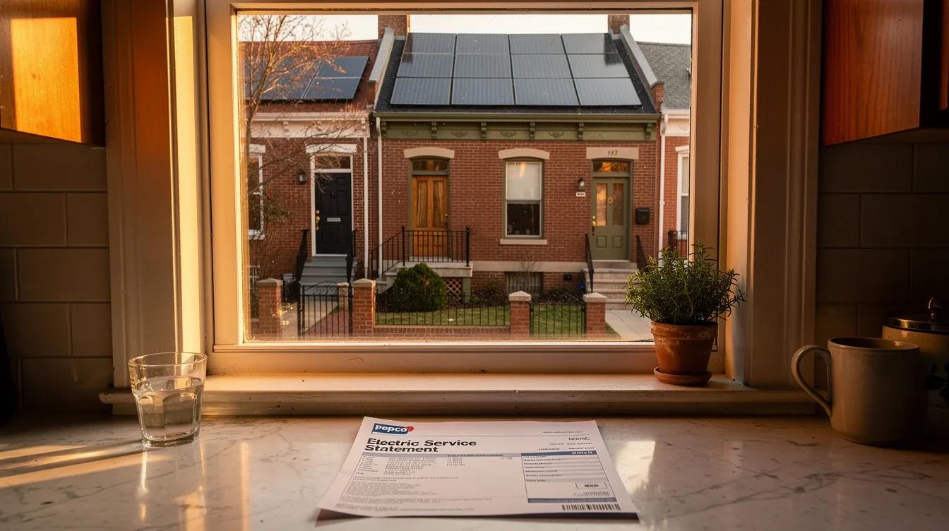 Washington DC rowhouse rooftop solar panels with a Pepco electricity bill in the foreground, illustrating how to lower your DC Pepco bill