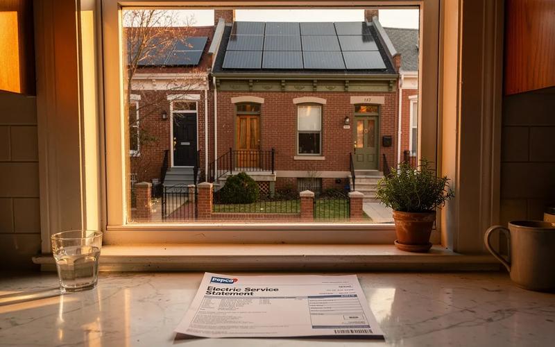Washington DC rowhouse rooftop solar panels with a Pepco electricity bill in the foreground, illustrating how to lower your DC Pepco bill