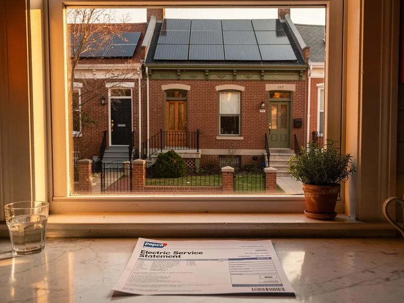 Washington DC rowhouse rooftop solar panels with a Pepco electricity bill in the foreground, illustrating how to lower your DC Pepco bill