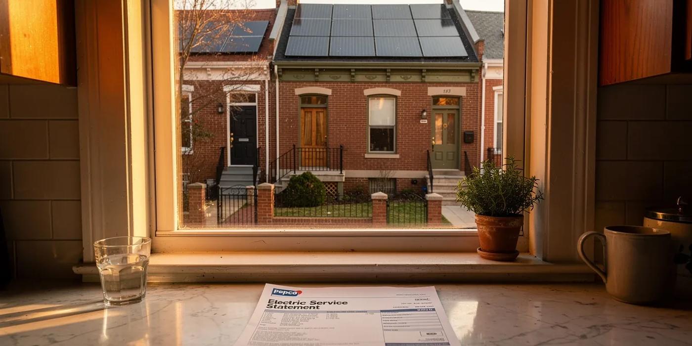 Washington DC rowhouse rooftop solar panels with a Pepco electricity bill in the foreground, illustrating how to lower your DC Pepco bill