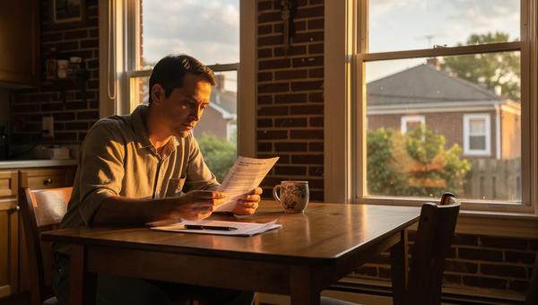 DC homeowner reviewing solar PPA and lease contract documents at a kitchen table in a brick row house