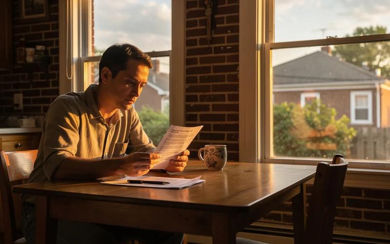 DC homeowner reviewing solar PPA and lease contract documents at a kitchen table in a brick row house