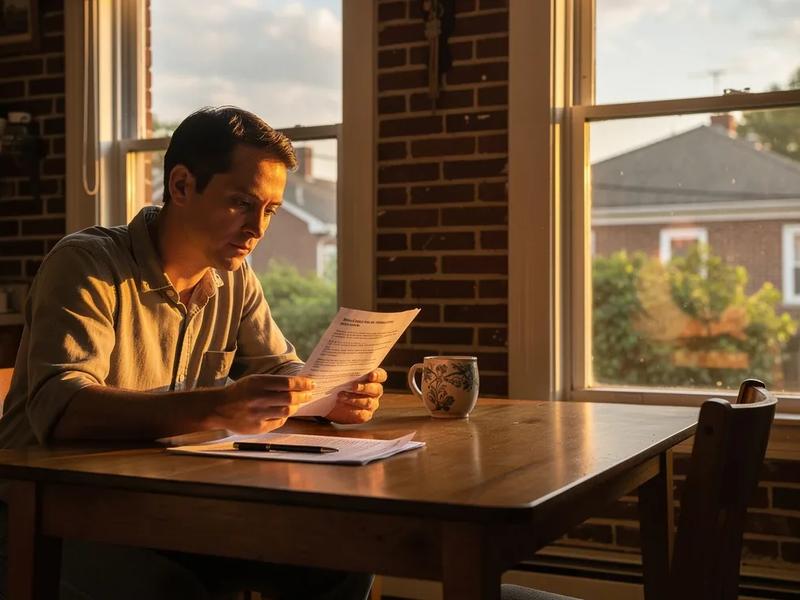 DC homeowner reviewing solar PPA and lease contract documents at a kitchen table in a brick row house