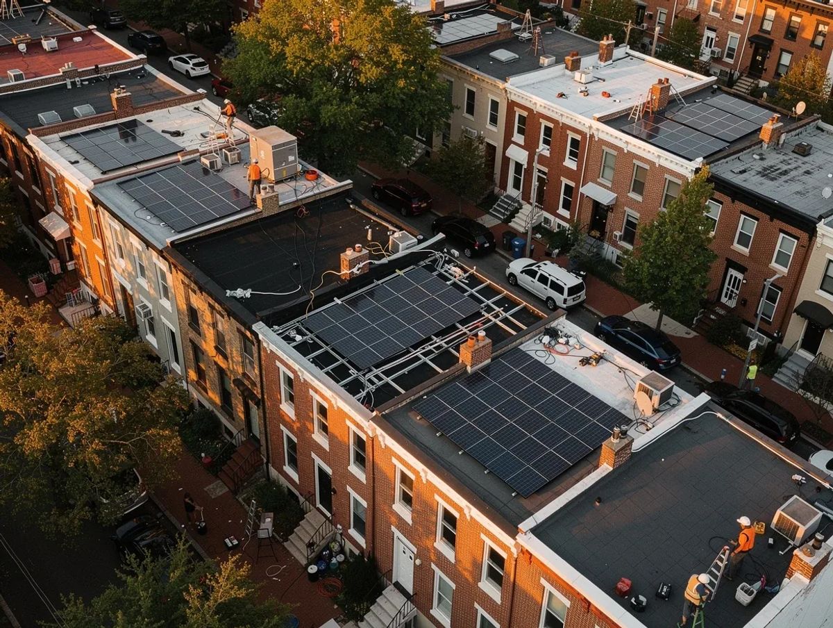 Aerial view of DC row house rooftop solar installation being designed