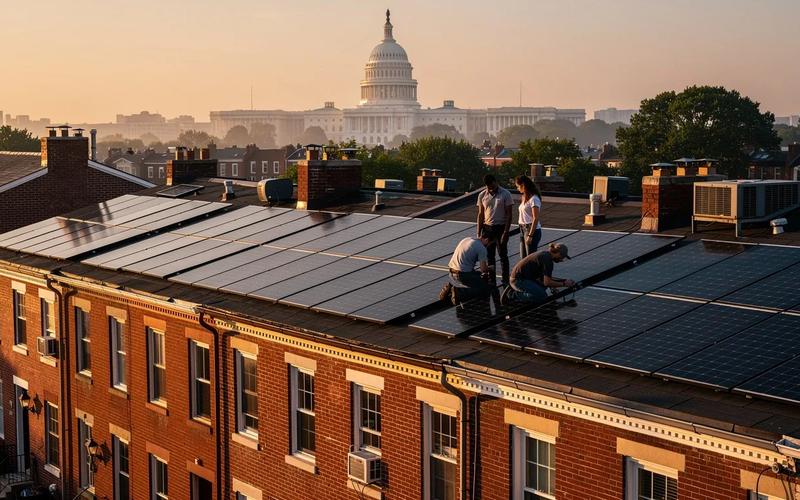 Solar panels installed on a DC row house rooftop with the Capitol dome visible in the background