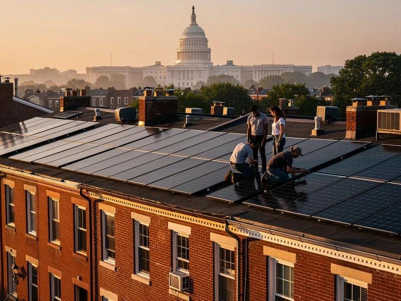 Solar panels installed on a DC row house rooftop with the Capitol dome visible in the background