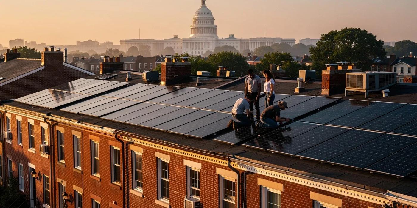 Solar panels installed on a DC row house rooftop with the Capitol dome visible in the background