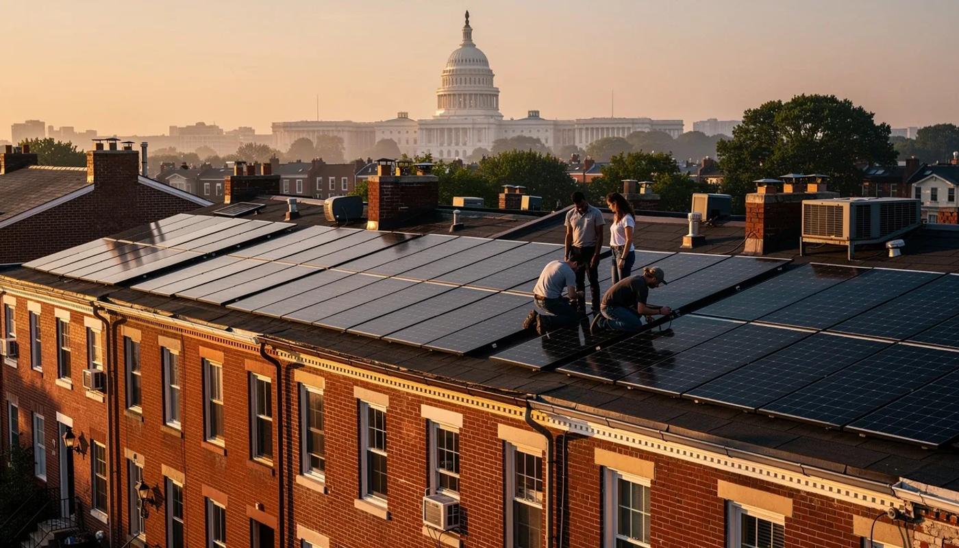 Solar panels installed on a DC row house rooftop with the Capitol dome visible in the background