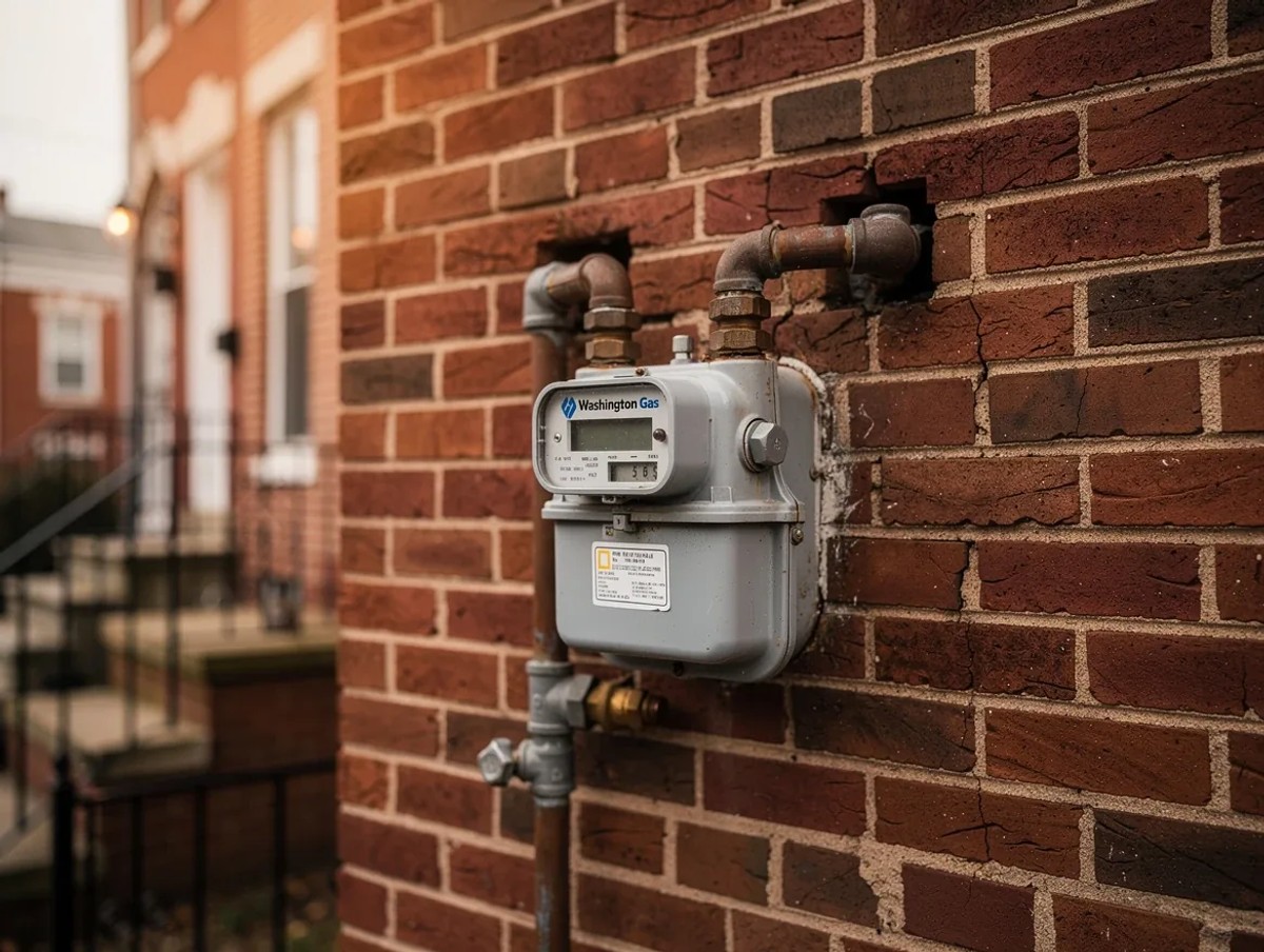 Modern heat pump condenser unit installed beside a Washington DC brick row house