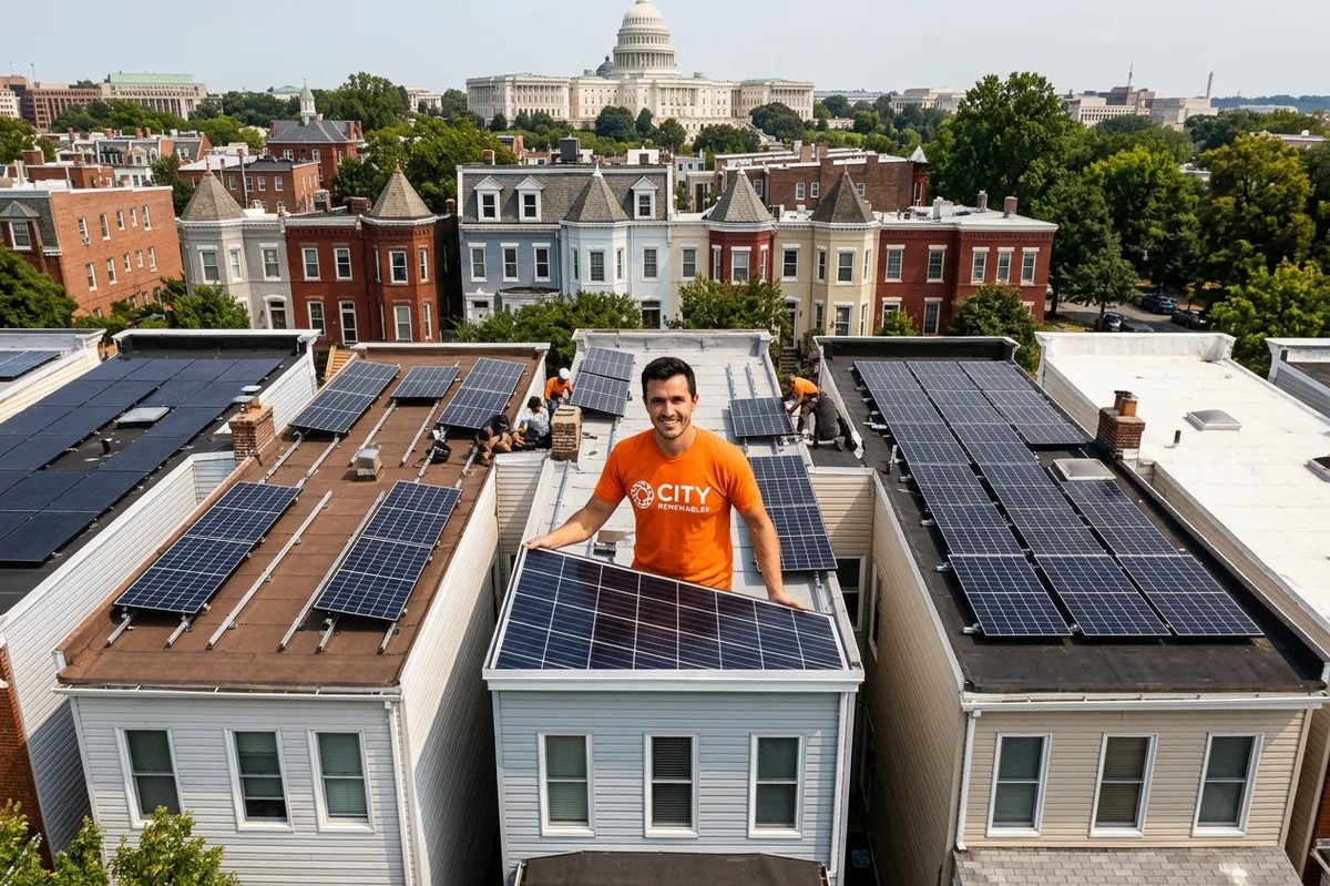 Aerial view of DC row house rooftop solar installation being designed