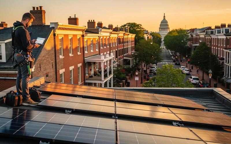 Solar monitoring dashboard showing real-time panel performance data on a rooftop system in Washington DC