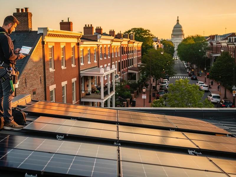 Solar monitoring dashboard showing real-time panel performance data on a rooftop system in Washington DC