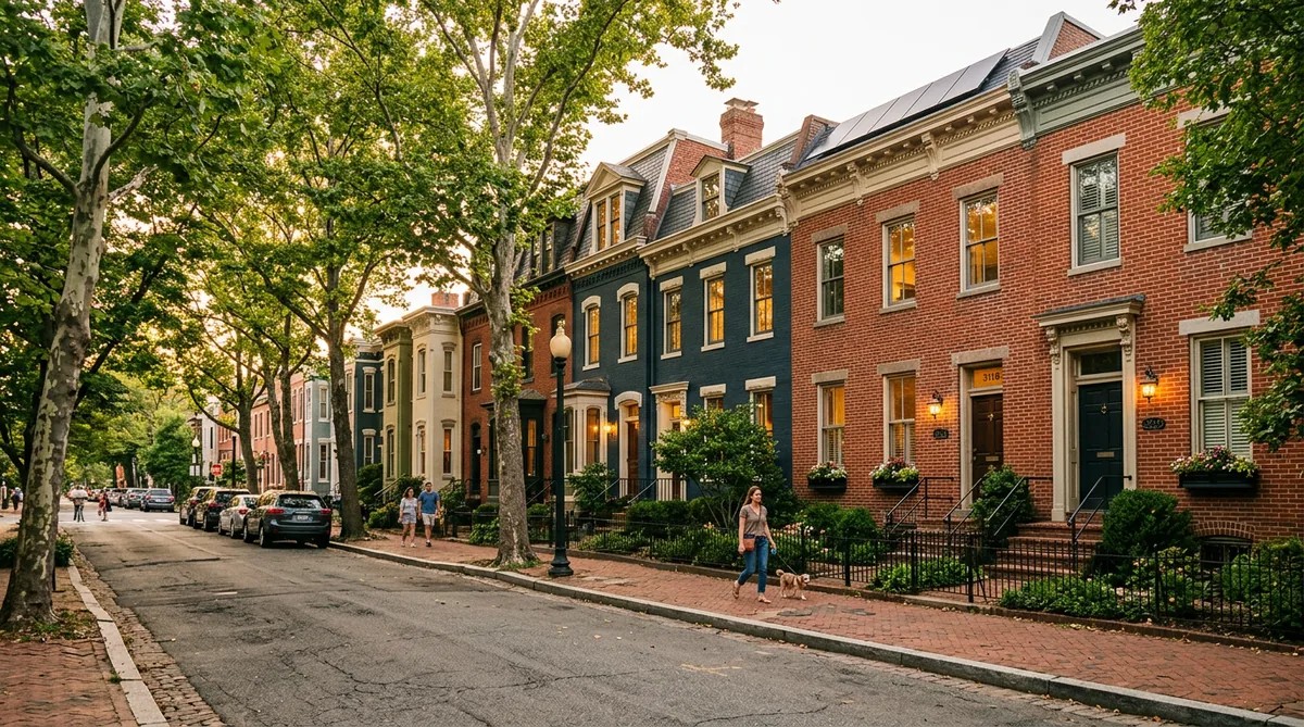 Historic DC row house with solar panels hidden behind parapet