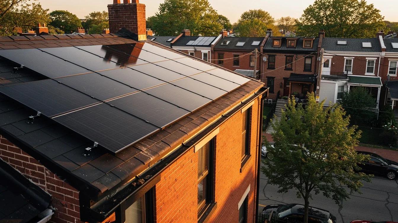 Solar panels installed on a DC rowhouse rooftop with the Capitol dome visible in the background