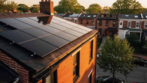 Solar panels installed on a DC rowhouse rooftop with the Capitol dome visible in the background
