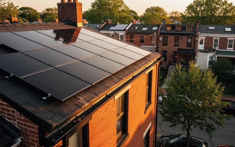 Solar panels installed on a DC rowhouse rooftop with the Capitol dome visible in the background