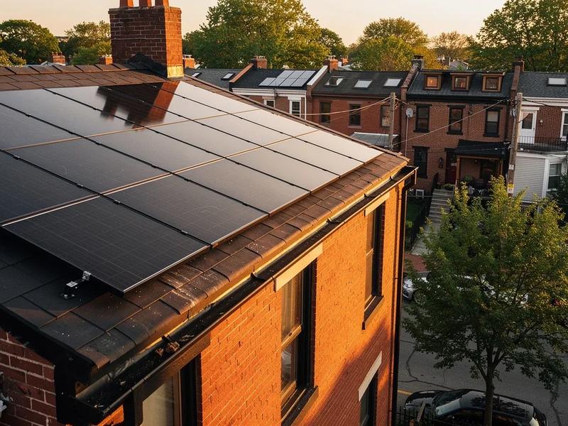 Solar panels installed on a DC rowhouse rooftop with the Capitol dome visible in the background