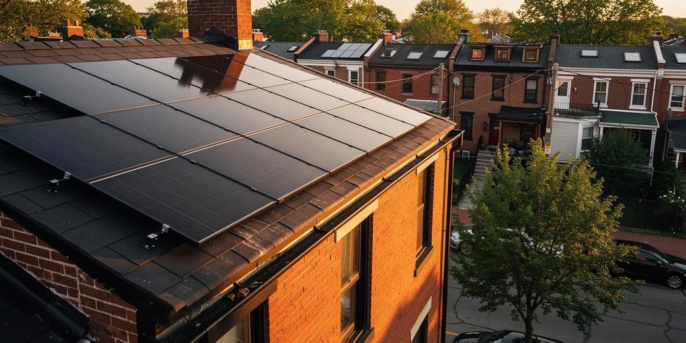 Solar panels installed on a DC rowhouse rooftop with the Capitol dome visible in the background