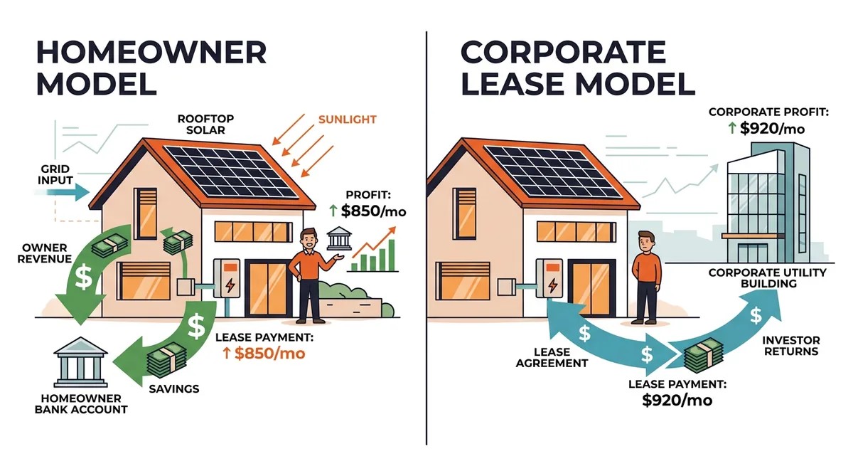 Visual comparison of owning versus leasing solar panels in DC showing 10-year financial difference