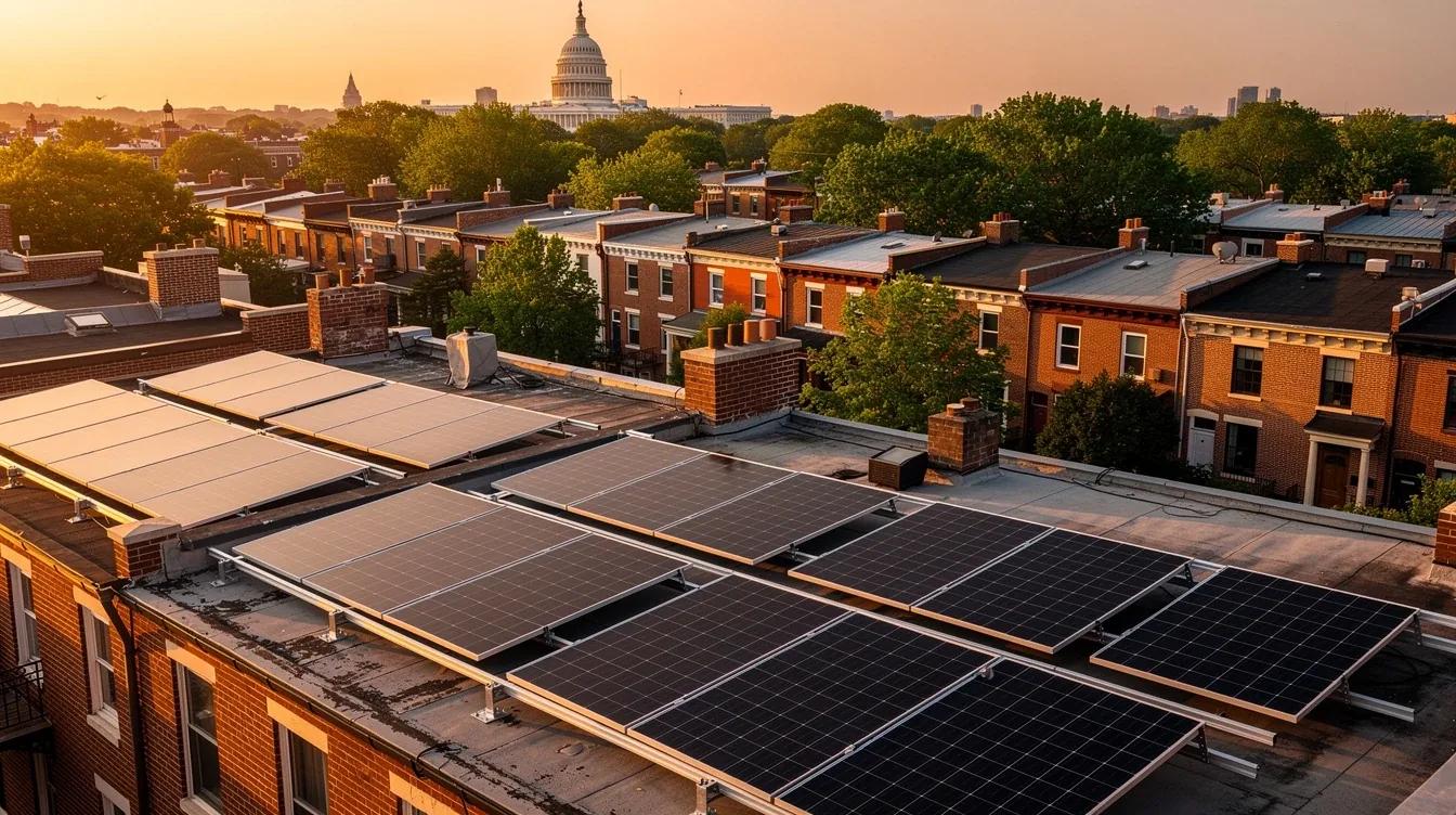 Residential solar system components installed on a DC rowhouse rooftop