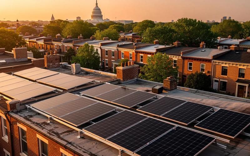 Residential solar system components installed on a DC rowhouse rooftop