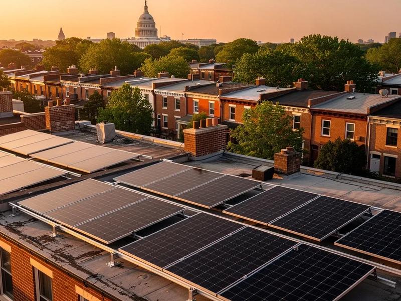 Residential solar system components installed on a DC rowhouse rooftop