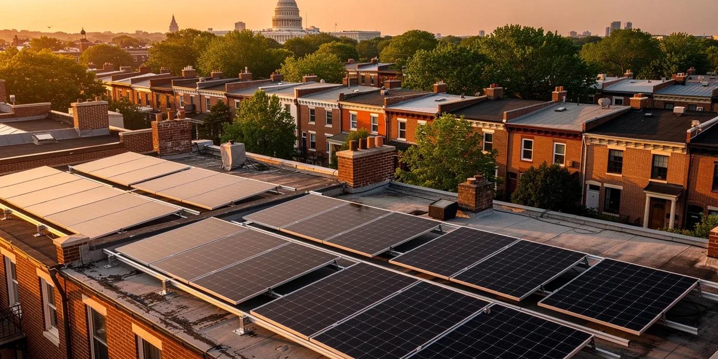 Residential solar system components installed on a DC rowhouse rooftop
