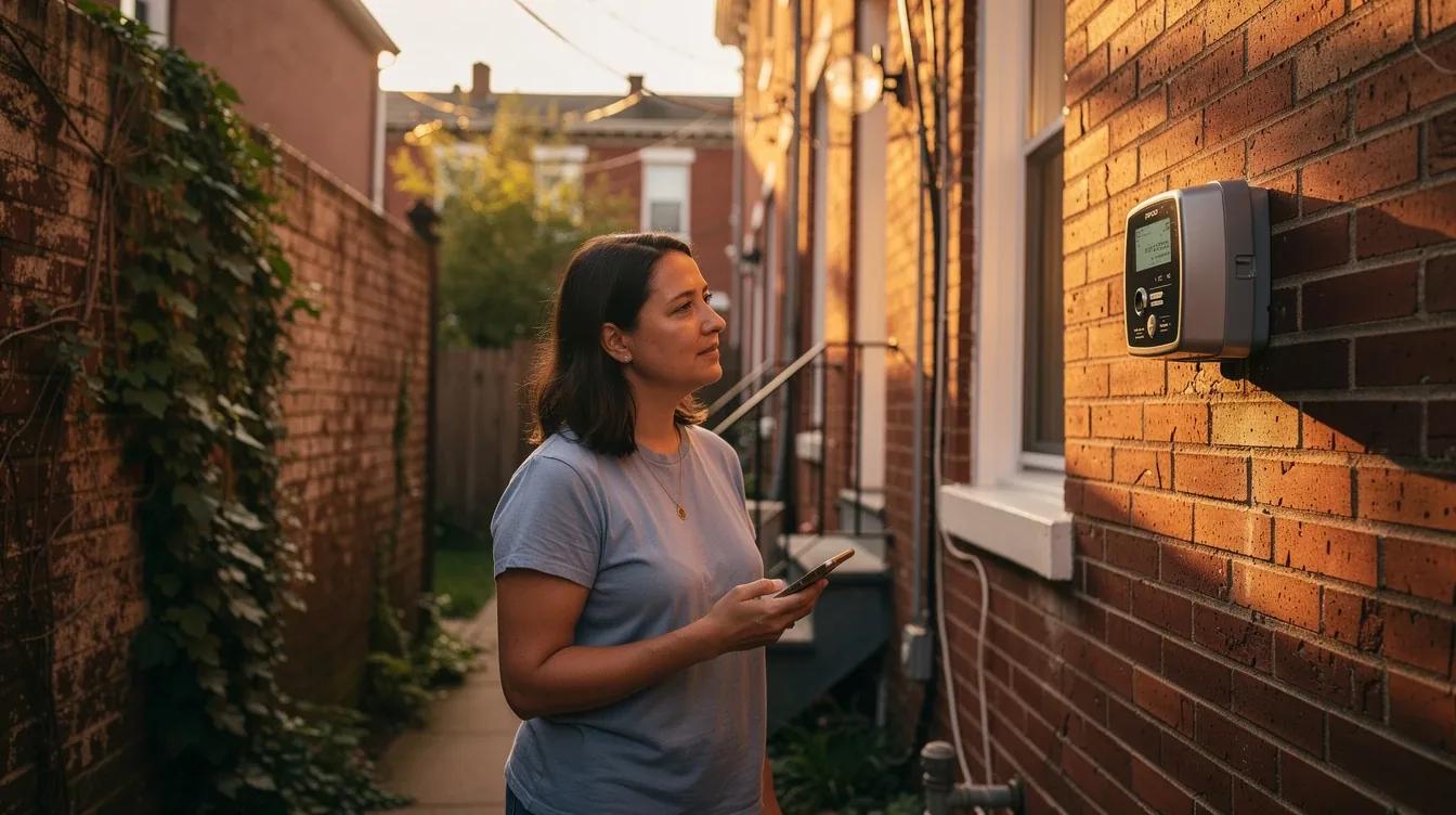 Pepco smart meter on the exterior of a DC row house, showing the digital display in afternoon light