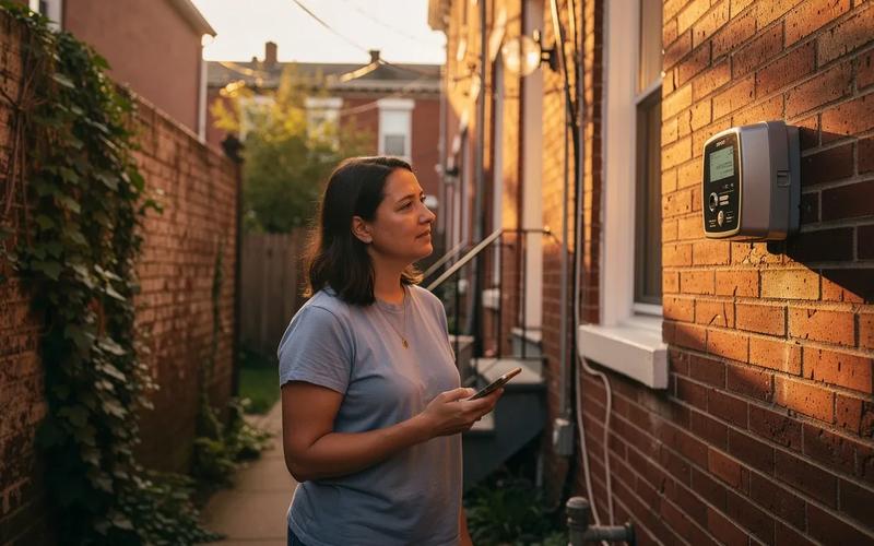 Pepco smart meter on the exterior of a DC row house, showing the digital display in afternoon light