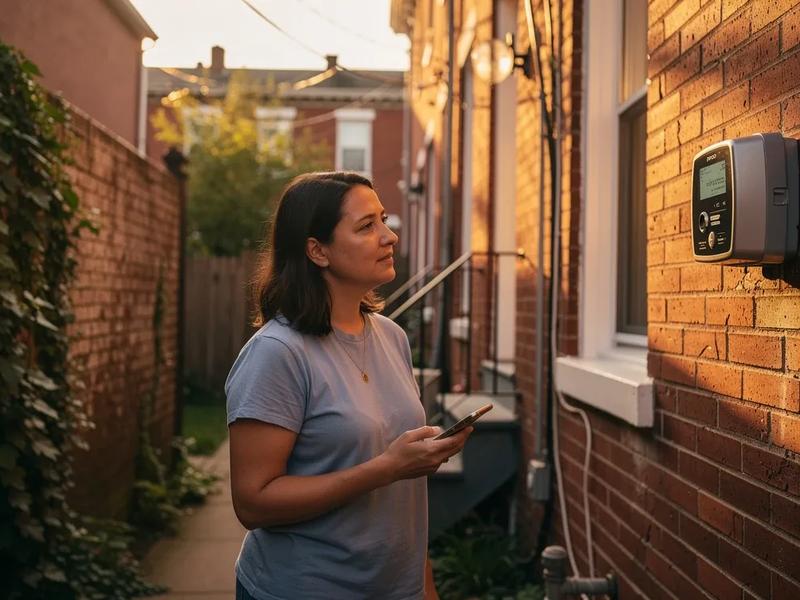 Pepco smart meter on the exterior of a DC row house, showing the digital display in afternoon light