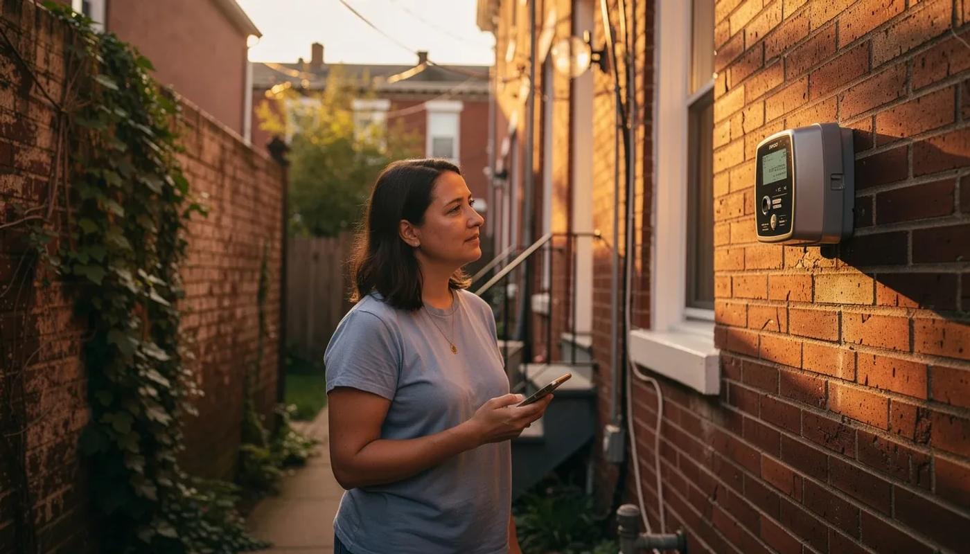 Pepco smart meter on the exterior of a DC row house, showing the digital display in afternoon light