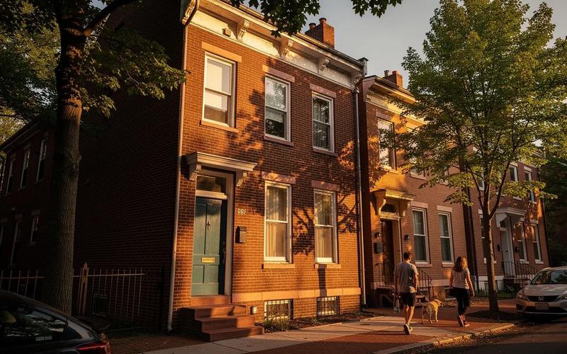 DC rowhouse in a historic district with rear-slope solar panels and original brick facade