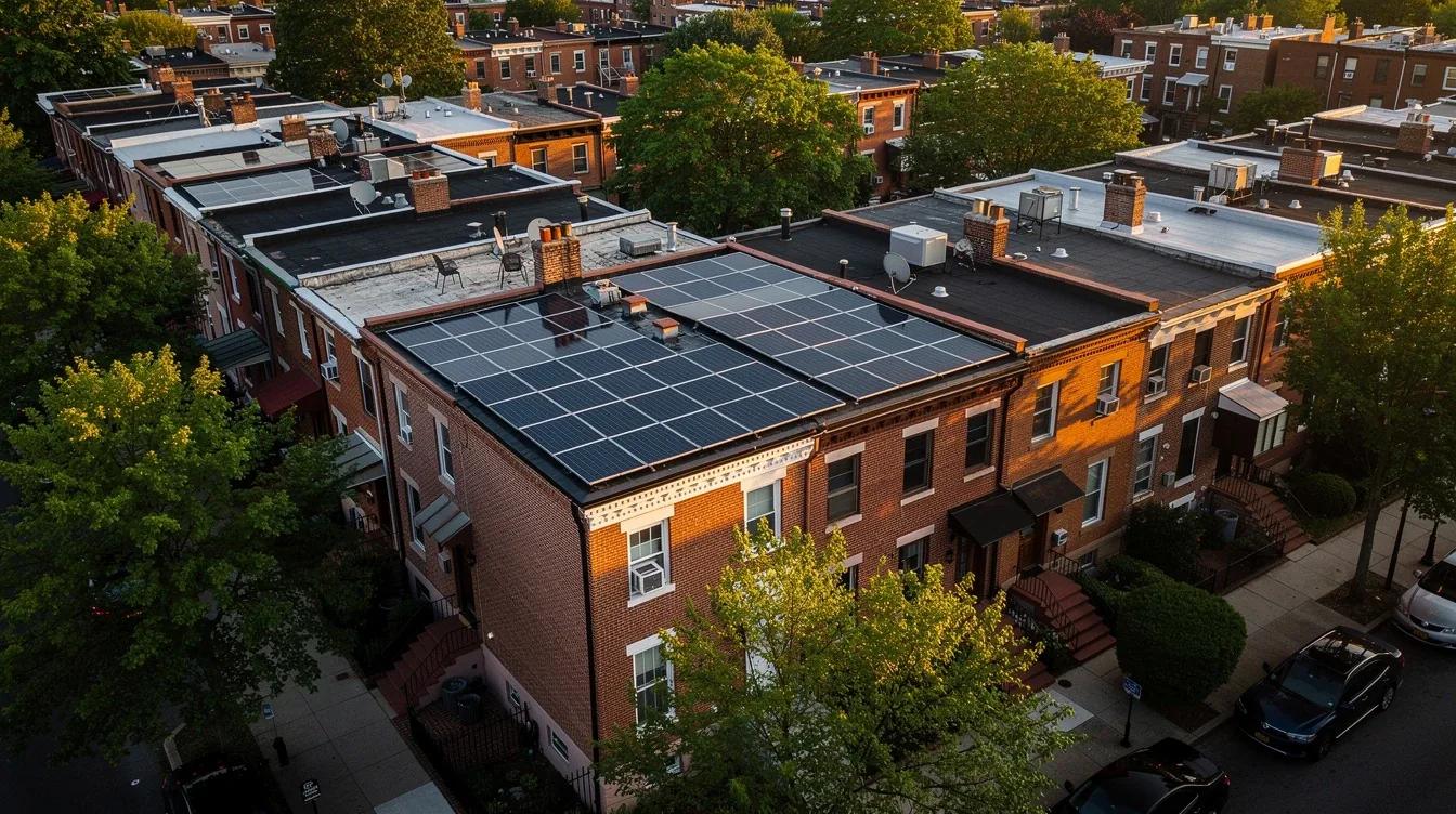 Solar savings calculator DC — rooftop solar panels on a Washington DC rowhouse with Pepco meter in foreground