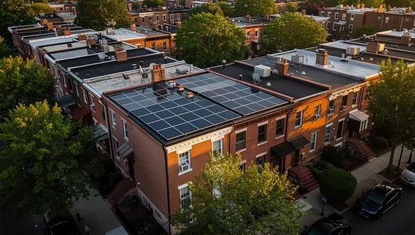 Solar savings calculator DC — rooftop solar panels on a Washington DC rowhouse with Pepco meter in foreground