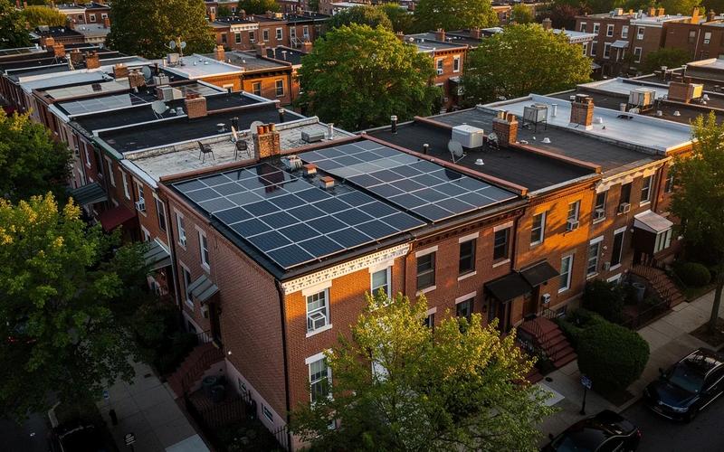 Solar savings calculator DC — rooftop solar panels on a Washington DC rowhouse with Pepco meter in foreground
