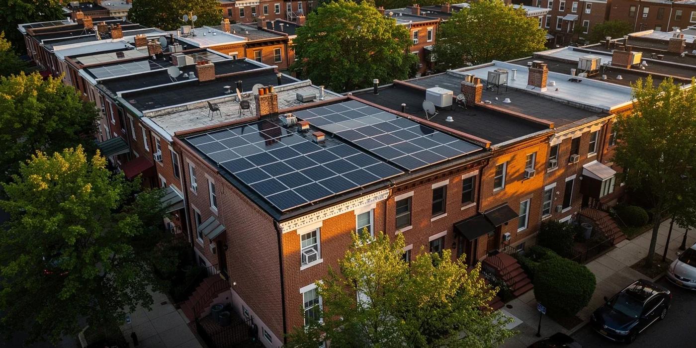 Solar savings calculator DC — rooftop solar panels on a Washington DC rowhouse with Pepco meter in foreground