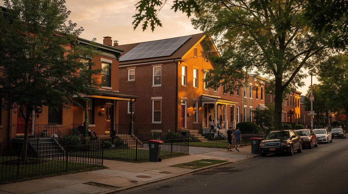 Rooftop solar panels on a DC rowhouse with Capitol Hill neighborhood visible in the background