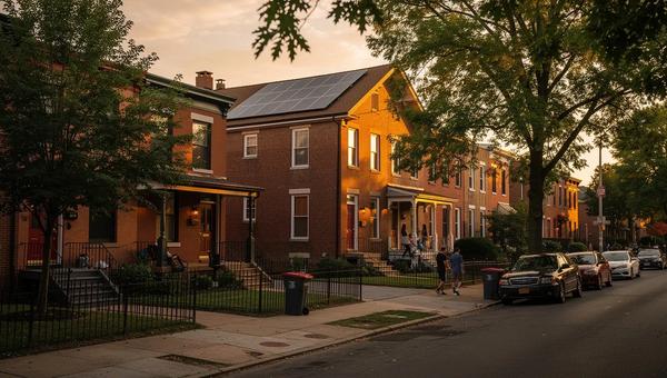 Rooftop solar panels on a DC rowhouse with Capitol Hill neighborhood visible in the background