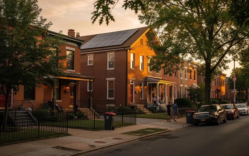 Rooftop solar panels on a DC rowhouse with Capitol Hill neighborhood visible in the background