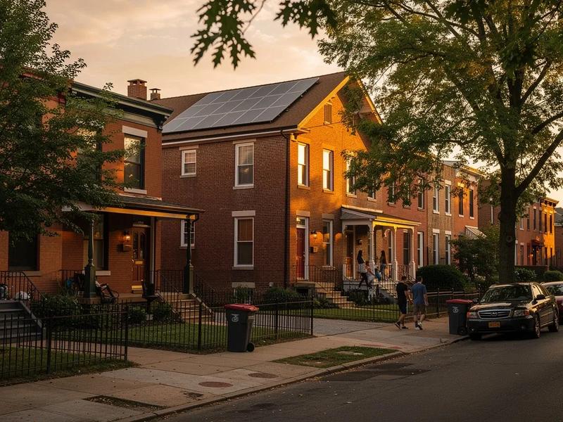 Rooftop solar panels on a DC rowhouse with Capitol Hill neighborhood visible in the background
